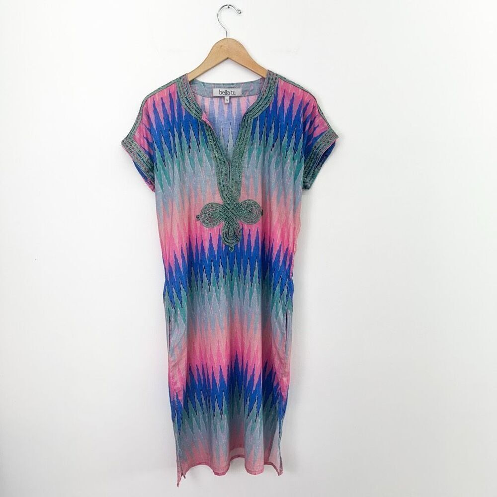 Bella Tu Women’s Ikat Blue Pink Beaded Cap Sleeve Tunic Dress